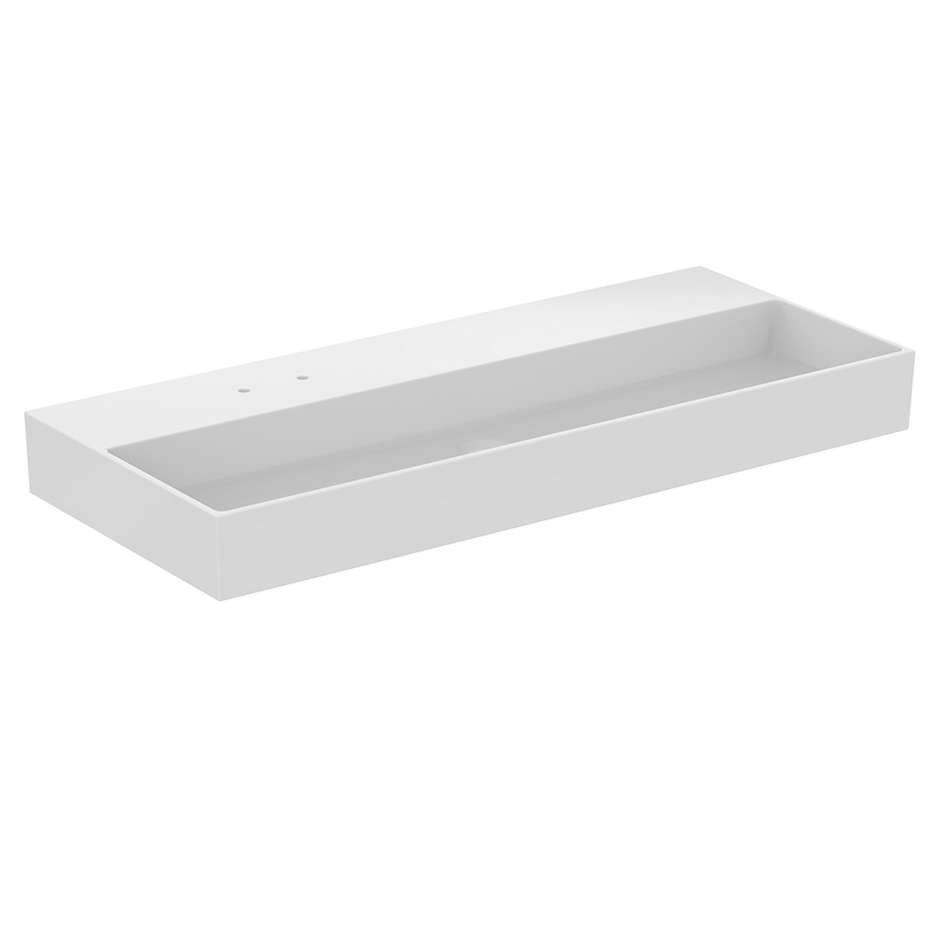 Immagine di Ideal Standard SOLOS lavabo rettificato L.122 cm, sospeso o da appoggio, senza troppopieno, con due fori per rubinetteria sequenziale, colore bianco finitura lucido T536801