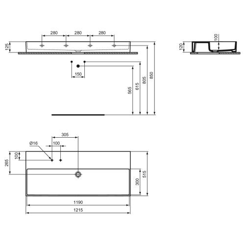 Immagine di Ideal Standard SOLOS lavabo rettificato L.122 cm, sospeso o da appoggio, senza troppopieno, con due fori per rubinetteria sequenziale, colore nero finitura lucido T5368V2