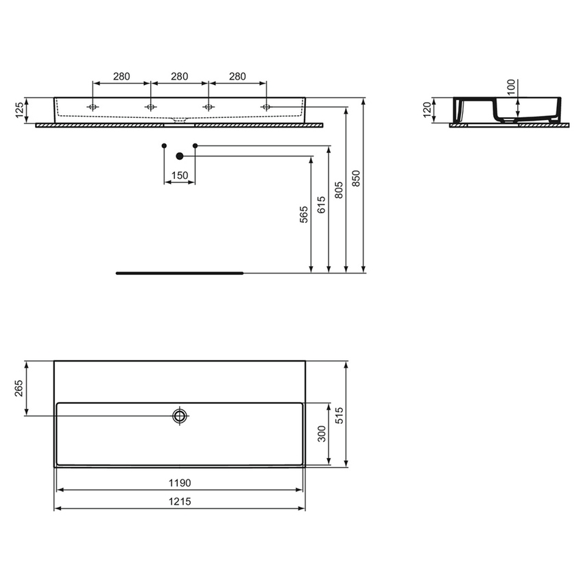 Immagine di Ideal Standard SOLOS lavabo rettificato L.122 cm, sospeso o da appoggio, senza troppopieno, senza foro per rubinetteria, colore bianco finitura lucido T556201