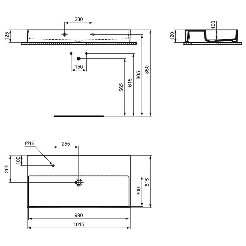 Immagine di Ideal Standard SOLOS lavabo rettificato L.102 cm, sospeso o da appoggio, senza troppopieno, con foro per rubinetteria, colore bianco finitura lucido T536901