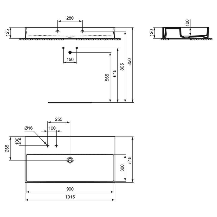 Immagine di Ideal Standard SOLOS lavabo rettificato L.102 cm, sospeso o da appoggio, senza troppopieno, con due fori per rubinetteria sequenziale, colore nero finitura lucido T5370V2