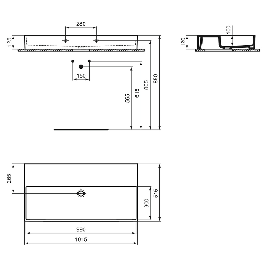 Immagine di Ideal Standard SOLOS lavabo rettificato L.102 cm, sospeso o da appoggio, senza troppopieno, senza foro per rubinetteria, colore nero finitura lucido T5561V2