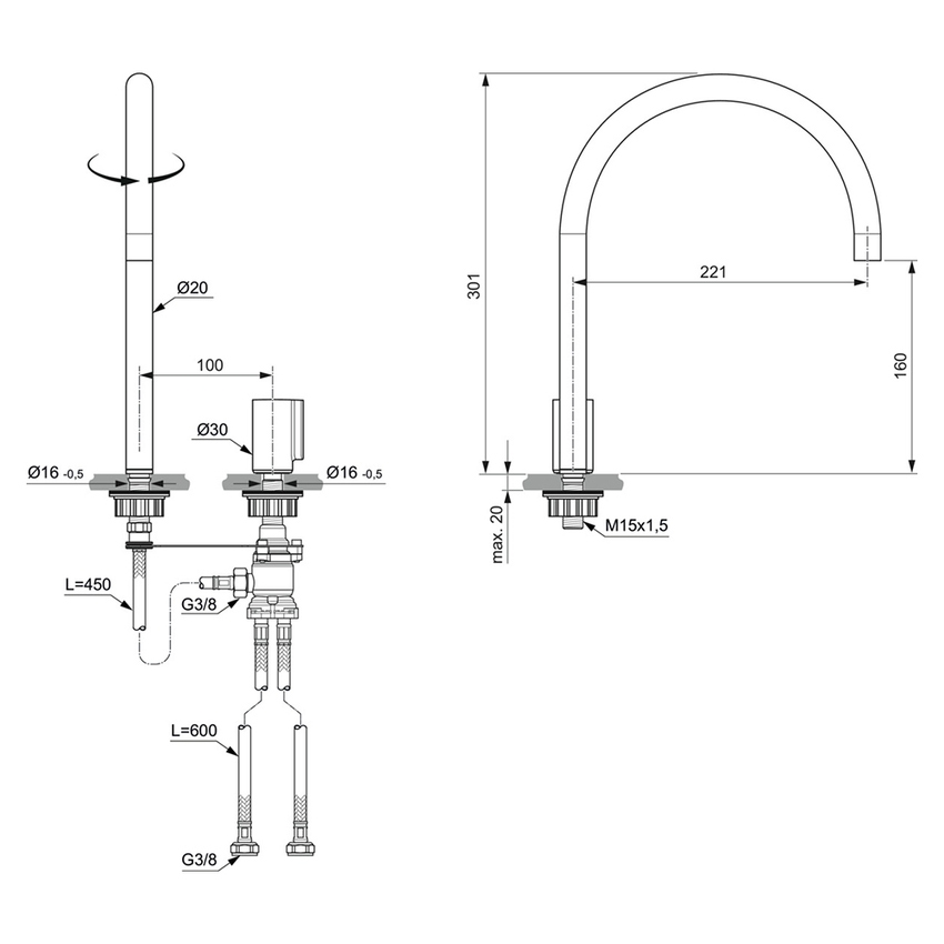 Immagine di Ideal Standard SOLOS miscelatore lavabo H.30 cm quadrato, sequenziale, a due fori, con bocca orientabile, senza scarico, colore bianco finitura lucido A7831AC