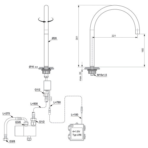 Immagine di Ideal Standard SOLOS miscelatore lavabo H.30 cm rotondo, elettronico, a un foro, con bocca orientabile, senza scarico, colore bianco finitura lucido A7832AC
