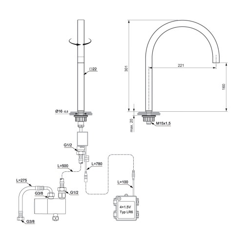 Immagine di Ideal Standard SOLOS miscelatore lavabo H.30 cm quadrato, elettronico, a un foro, con bocca orientabile, senza scarico, finitura cromo A7833AA