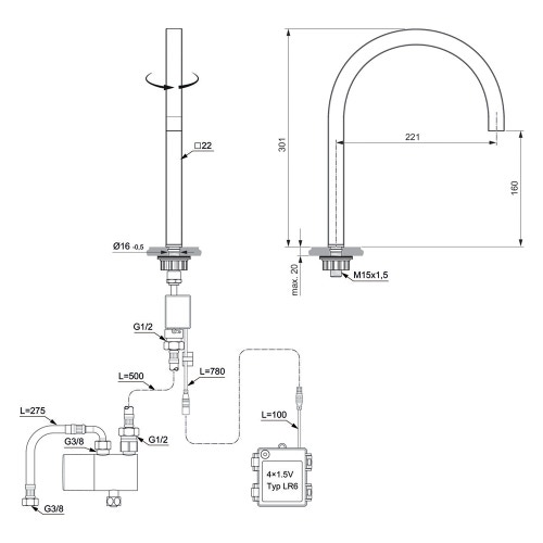 Immagine di Ideal Standard SOLOS miscelatore lavabo H.30 cm quadrato, elettronico, a un foro, con bocca orientabile, senza scarico, finitura brushed gold A7833A2