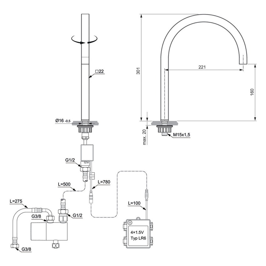 Immagine di Ideal Standard SOLOS miscelatore lavabo H.30 cm quadrato, elettronico, a un foro, con bocca orientabile, senza scarico, finitura brushed gold A7833A2