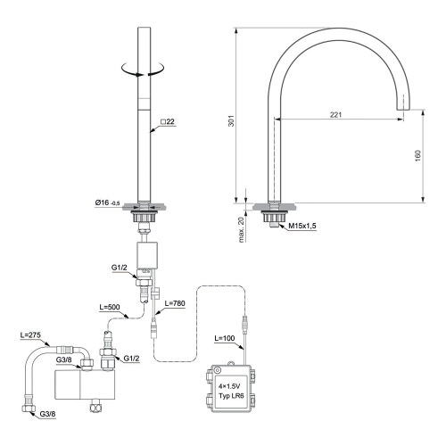 Immagine di Ideal Standard SOLOS miscelatore lavabo H.30 cm quadrato, elettronico, a un foro, con bocca orientabile, senza scarico, finitura magnetic grey A7833A5