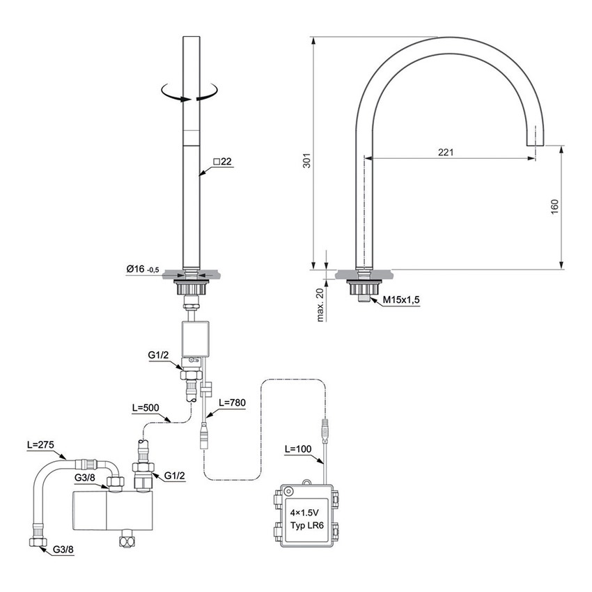 Immagine di Ideal Standard SOLOS miscelatore lavabo H.30 cm quadrato, elettronico, a un foro, con bocca orientabile, senza scarico, finitura magnetic grey A7833A5