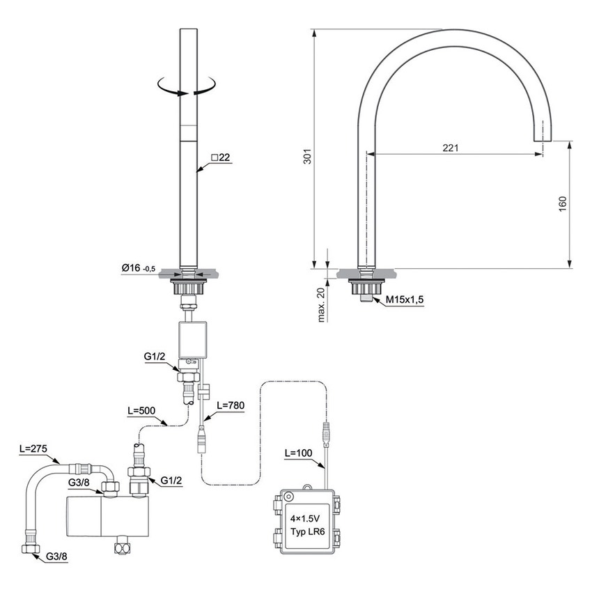 Immagine di Ideal Standard SOLOS miscelatore lavabo H.30 cm quadrato, elettronico, a un foro, con bocca orientabile, senza scarico, colore nero seta finitura opaco A7833XG