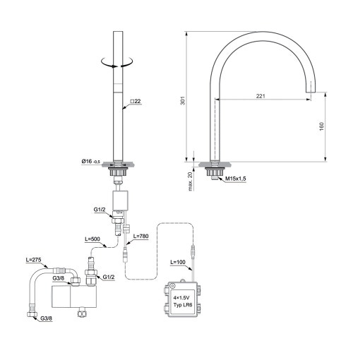 Immagine di Ideal Standard SOLOS miscelatore lavabo H.30 cm quadrato, elettronico, a un foro, con bocca orientabile, senza scarico, colore bianco finitura lucido A7833AC