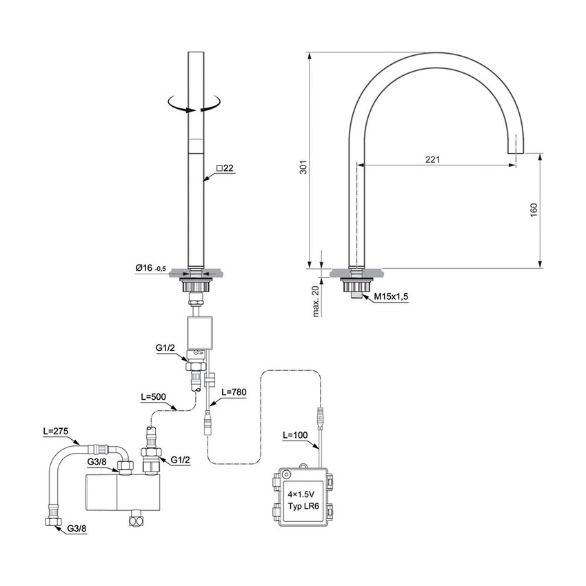 Immagine di Ideal Standard SOLOS miscelatore lavabo H.30 cm quadrato, elettronico, a un foro, con bocca orientabile, senza scarico, colore bianco finitura lucido A7833AC