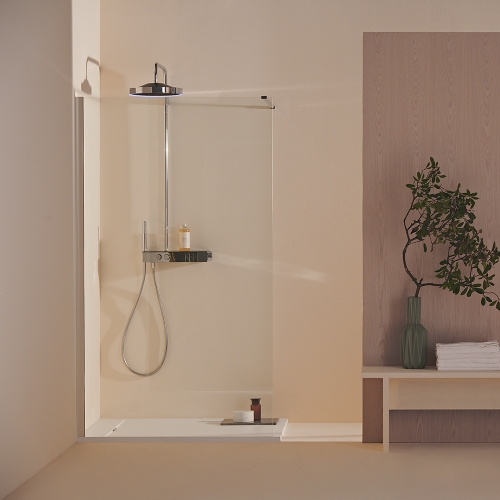 Immagine di Ideal Standard SOLOS colonna doccia con soffione rotondo 22 cm e luce LED, doccetta, supporto, mensola XXL integrata e flessibile 175 cm, senza corpo incasso, finitura cromo A7883AA