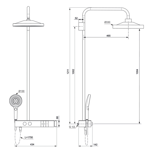 Immagine di Ideal Standard SOLOS colonna doccia con soffione rotondo 22 cm e luce LED, doccetta, supporto, mensola XXL integrata e flessibile 175 cm, senza corpo incasso, finitura magnetic grey A7883A5