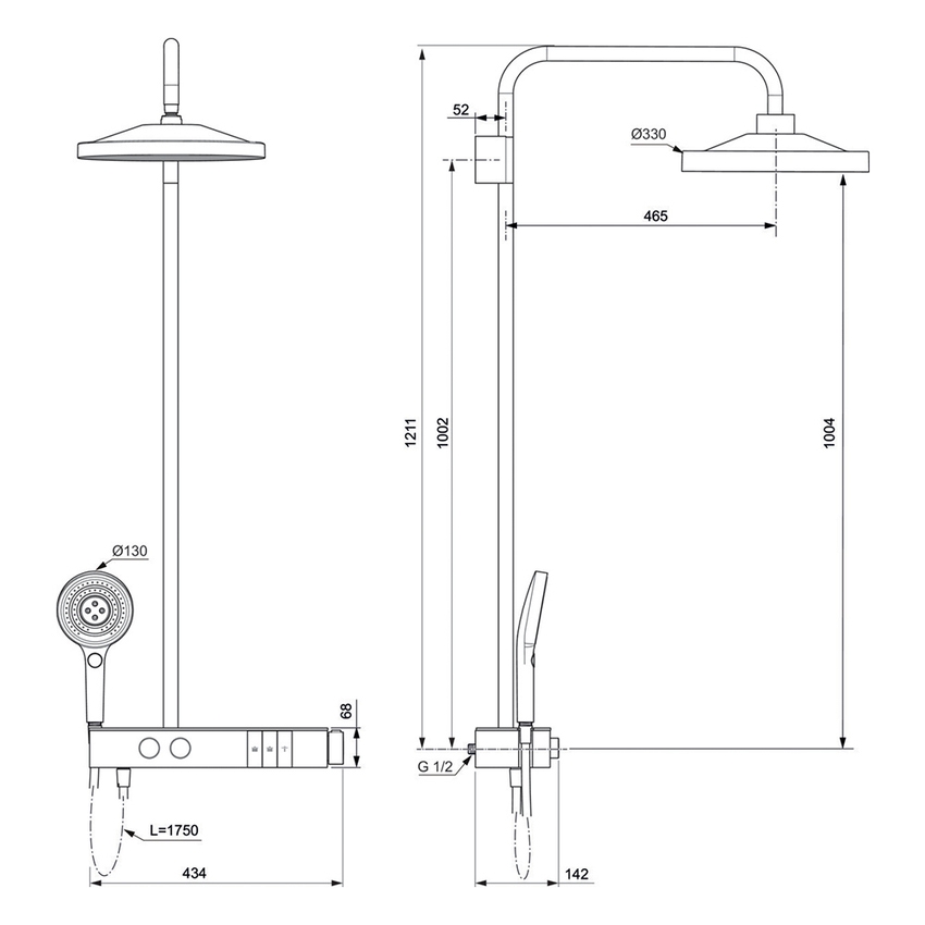 Immagine di Ideal Standard SOLOS colonna doccia con soffione rotondo 22 cm e luce LED, doccetta, supporto, mensola XXL integrata e flessibile 175 cm, senza corpo incasso, colore nero seta finitura opaco A7883XG