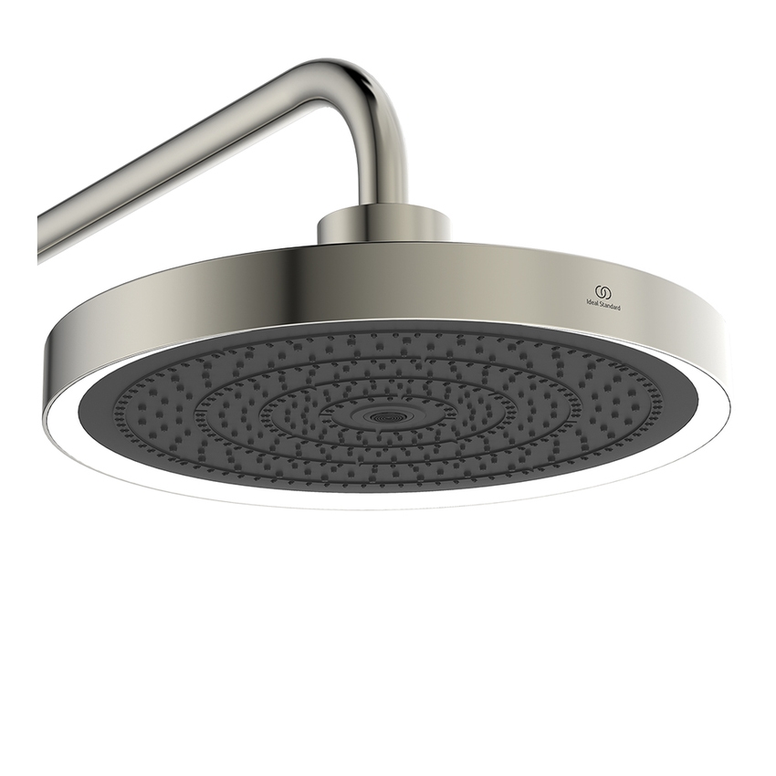 Immagine di Ideal Standard SOLOS colonna doccia con soffione rotondo 22 cm e luce LED, doccetta, supporto, mensola XXL integrata e flessibile 175 cm, senza corpo incasso, finitura silver storm A7883GN