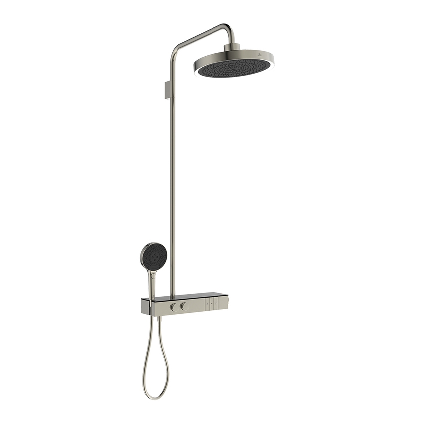 Immagine di Ideal Standard SOLOS colonna doccia con soffione rotondo 22 cm e luce LED, doccetta, supporto, mensola XXL integrata e flessibile 175 cm, senza corpo incasso, finitura silver storm A7883GN