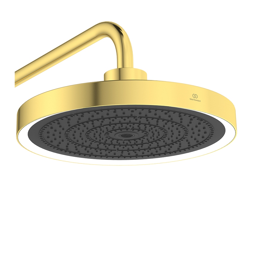 Immagine di Ideal Standard SOLOS colonna doccia con soffione rotondo 22 cm e luce LED, doccetta, supporto, mensola XXL integrata e flessibile 175 cm, senza corpo incasso, finitura brushed gold A7883A2