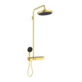 Immagine di Ideal Standard SOLOS colonna doccia con soffione rotondo 22 cm e luce LED, doccetta, supporto, mensola XXL integrata e flessibile 175 cm, senza corpo incasso, finitura brushed gold A7883A2