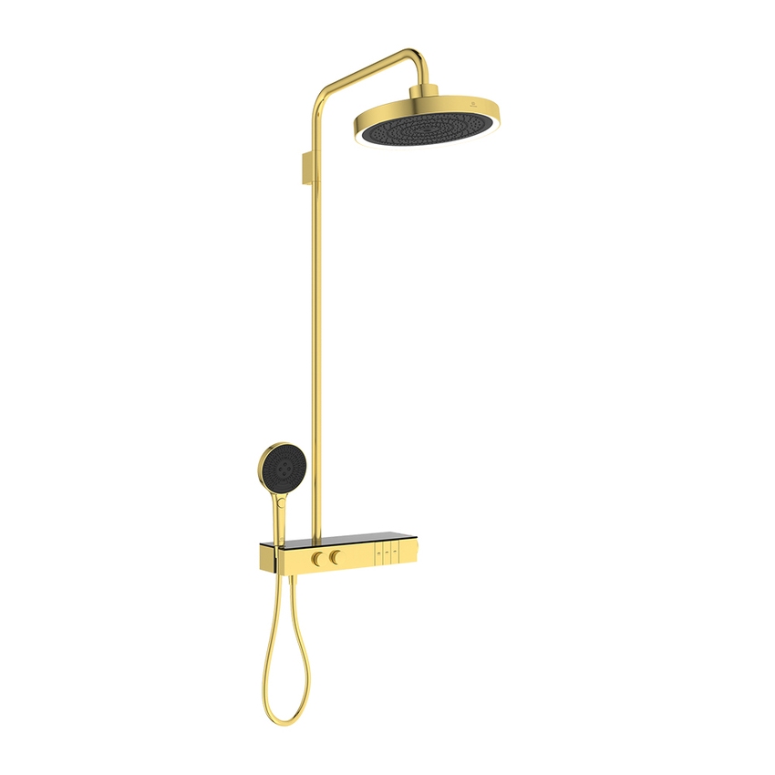 Immagine di Ideal Standard SOLOS colonna doccia con soffione rotondo 22 cm e luce LED, doccetta, supporto, mensola XXL integrata e flessibile 175 cm, senza corpo incasso, finitura brushed gold A7883A2