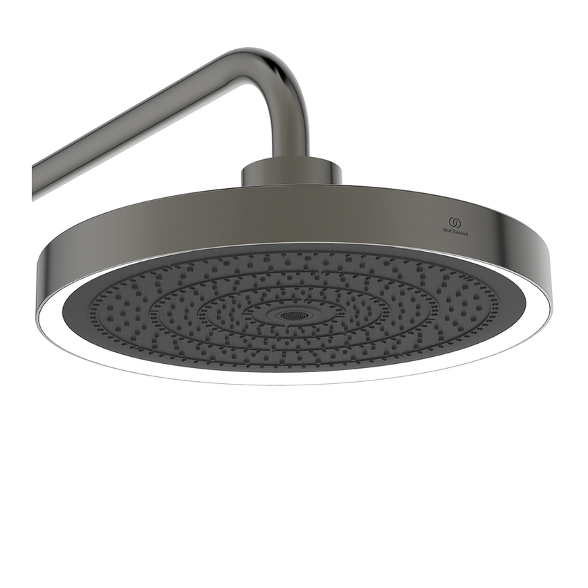 Immagine di Ideal Standard SOLOS colonna doccia con soffione rotondo 22 cm e luce LED, doccetta, supporto, mensola XXL integrata e flessibile 175 cm, senza corpo incasso, finitura magnetic grey A7883A5