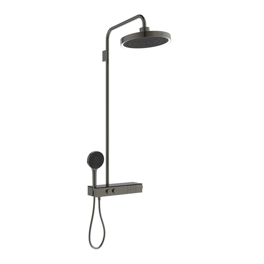 Immagine di Ideal Standard SOLOS colonna doccia con soffione rotondo 22 cm e luce LED, doccetta, supporto, mensola XXL integrata e flessibile 175 cm, senza corpo incasso, finitura magnetic grey A7883A5