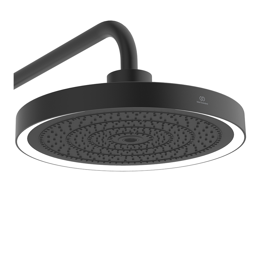 Immagine di Ideal Standard SOLOS colonna doccia con soffione rotondo 22 cm e luce LED, doccetta, supporto, mensola XXL integrata e flessibile 175 cm, senza corpo incasso, colore nero seta finitura opaco A7883XG