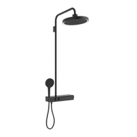 Immagine di Ideal Standard SOLOS colonna doccia con soffione rotondo 22 cm e luce LED, doccetta, supporto, mensola XXL integrata e flessibile 175 cm, senza corpo incasso, colore nero seta finitura opaco A7883XG