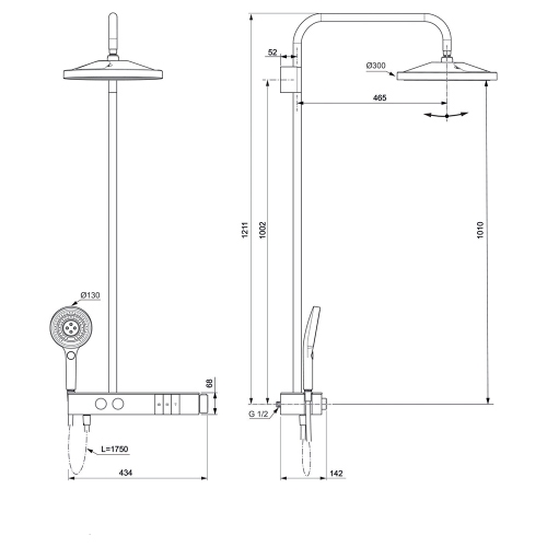 Immagine di Ideal Standard SOLOS colonna doccia con soffione rotondo 30 cm, doccetta, supporto, mensola XXL integrata e flessibile 175 cm, senza corpo incasso, finitura brushed gold A7882A2