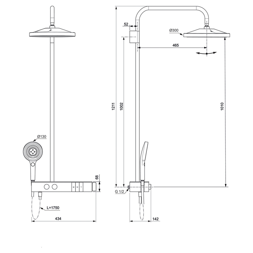 Immagine di Ideal Standard SOLOS colonna doccia con soffione rotondo 30 cm, doccetta, supporto, mensola XXL integrata e flessibile 175 cm, senza corpo incasso, finitura magnetic grey A7882A5