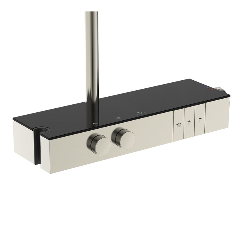 Immagine di Ideal Standard SOLOS colonna doccia con soffione rotondo 30 cm, doccetta, supporto, mensola XXL integrata e flessibile 175 cm, senza corpo incasso, finitura silver storm A7882GN