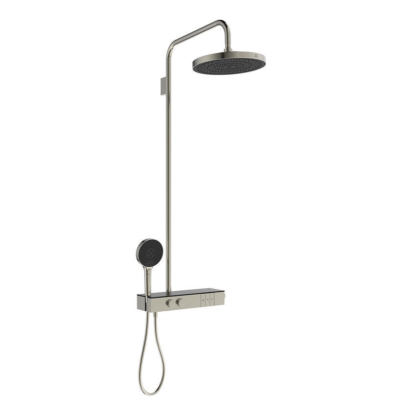 Immagine di Ideal Standard SOLOS colonna doccia con soffione rotondo 30 cm, doccetta, supporto, mensola XXL integrata e flessibile 175 cm, senza corpo incasso, finitura silver storm A7882GN