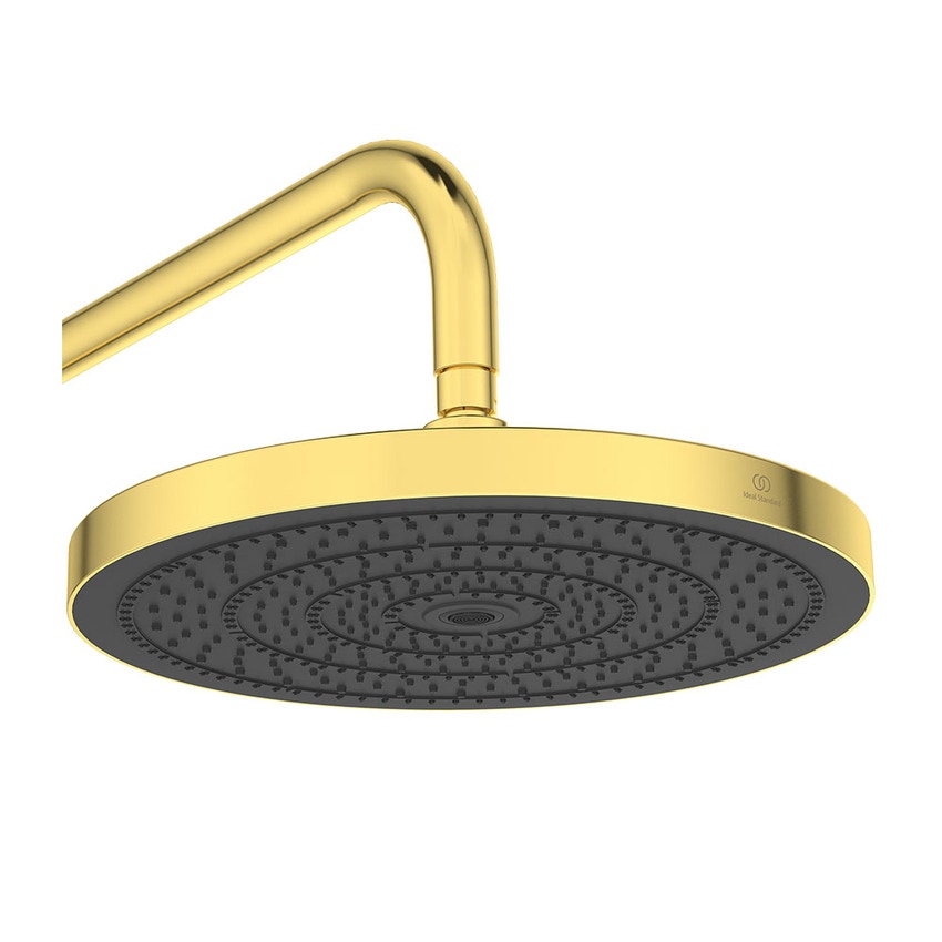 Immagine di Ideal Standard SOLOS colonna doccia con soffione rotondo 30 cm, doccetta, supporto, mensola XXL integrata e flessibile 175 cm, senza corpo incasso, finitura brushed gold A7882A2