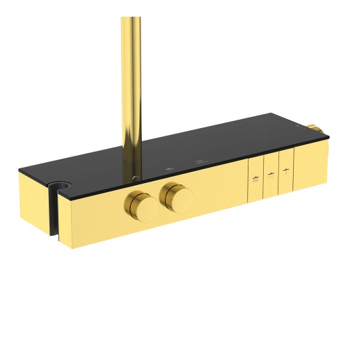 Immagine di Ideal Standard SOLOS colonna doccia con soffione rotondo 30 cm, doccetta, supporto, mensola XXL integrata e flessibile 175 cm, senza corpo incasso, finitura brushed gold A7882A2