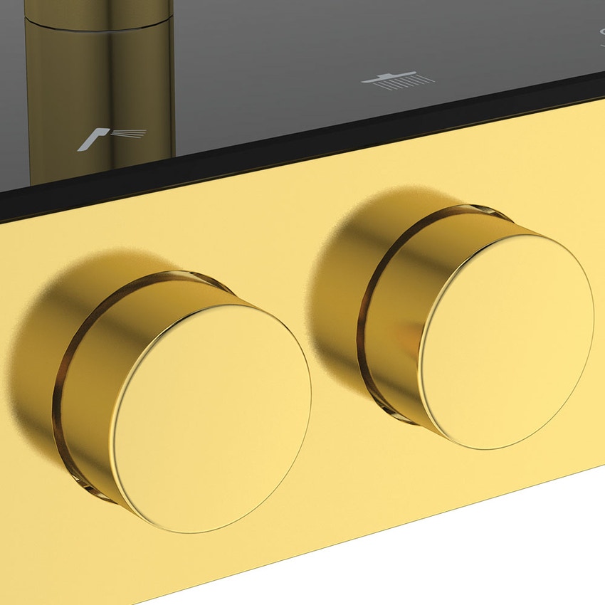 Immagine di Ideal Standard SOLOS colonna doccia con soffione rotondo 30 cm, doccetta, supporto, mensola XXL integrata e flessibile 175 cm, senza corpo incasso, finitura brushed gold A7882A2