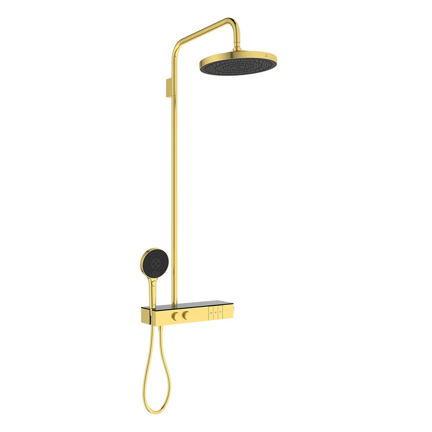 Immagine di Ideal Standard SOLOS colonna doccia con soffione rotondo 30 cm, doccetta, supporto, mensola XXL integrata e flessibile 175 cm, senza corpo incasso, finitura brushed gold A7882A2