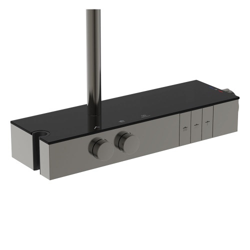 Immagine di Ideal Standard SOLOS colonna doccia con soffione rotondo 30 cm, doccetta, supporto, mensola XXL integrata e flessibile 175 cm, senza corpo incasso, finitura magnetic grey A7882A5