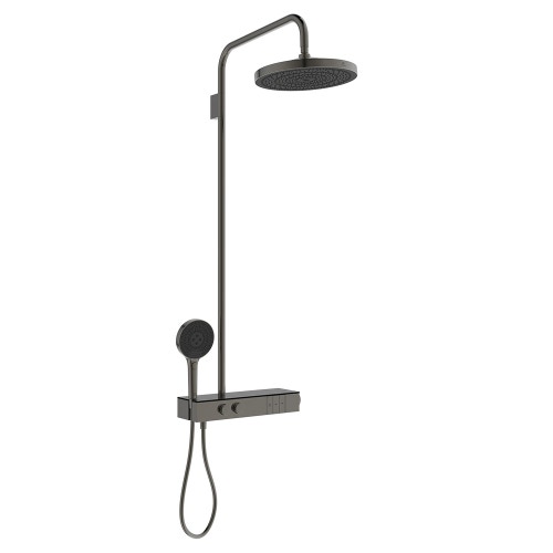 Immagine di Ideal Standard SOLOS colonna doccia con soffione rotondo 30 cm, doccetta, supporto, mensola XXL integrata e flessibile 175 cm, senza corpo incasso, finitura magnetic grey A7882A5