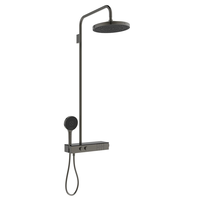 Immagine di Ideal Standard SOLOS colonna doccia con soffione rotondo 30 cm, doccetta, supporto, mensola XXL integrata e flessibile 175 cm, senza corpo incasso, finitura magnetic grey A7882A5