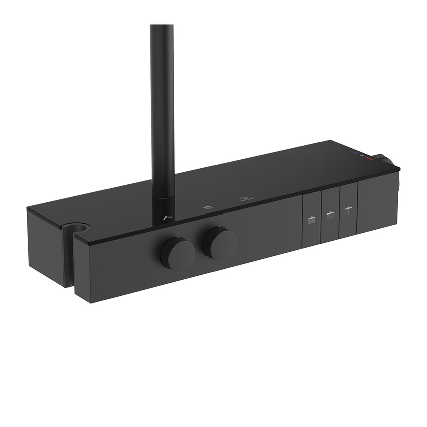 Immagine di Ideal Standard SOLOS colonna doccia con soffione rotondo 30 cm, doccetta, supporto, mensola XXL integrata e flessibile 175 cm, senza corpo incasso, colore nero seta finitura opaco A7882XG