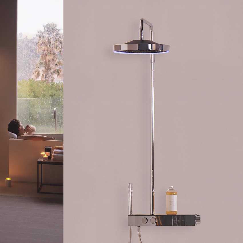 Immagine di Ideal Standard SOLOS colonna doccia con soffione rotondo 30 cm, doccetta stick, supporto integrato nella mensola e flessibile 175 cm, finitura cromo A7884AA