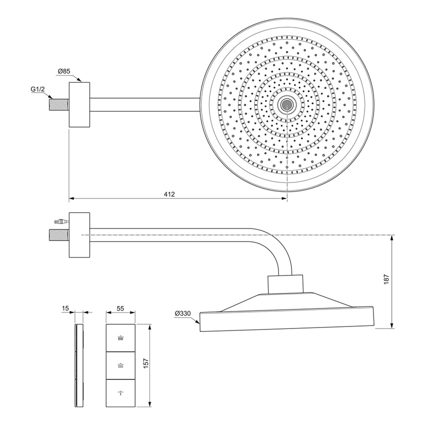 Immagine di Ideal Standard SOLOS kit braccio a parete e soffione rotondo 33 cm, con luce LED, senza corpo incasso, finitura brushed gold A7890A2