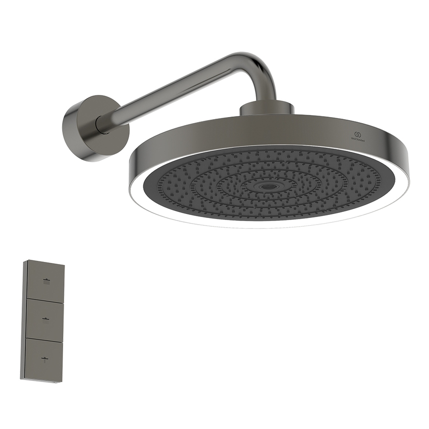 Immagine di Ideal Standard SOLOS kit braccio a parete e soffione rotondo 33 cm, con luce LED, senza corpo incasso, finitura magnetic grey A7890A5