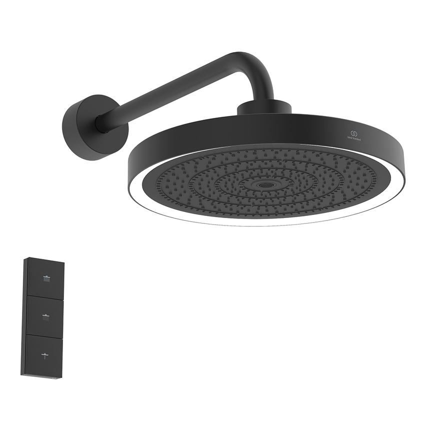 Immagine di Ideal Standard SOLOS kit braccio a parete e soffione rotondo 33 cm, con luce LED, senza corpo incasso, colore nero seta finitura opaco A7890XG