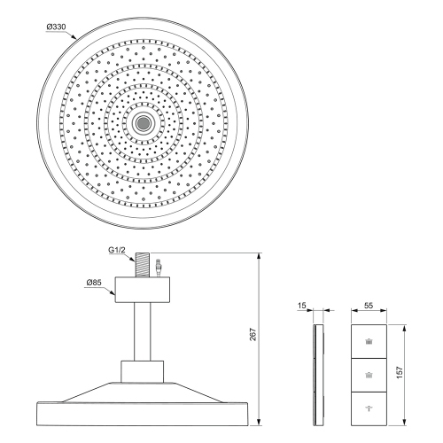 Immagine di Ideal Standard SOLOS kit braccio a soffitto e soffione rotondo 33 cm, con luce LED, 3 funzioni, senza corpo incasso, finitura cromo A7891AA