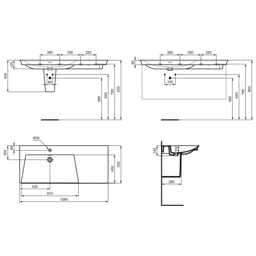 Immagine di Ideal Standard LA DOLCE VITA lavabo top asimmetrico L.126 cm, con foro della rubinetteria a sinistra, con troppopieno, colore bianco finitura lucido E263201