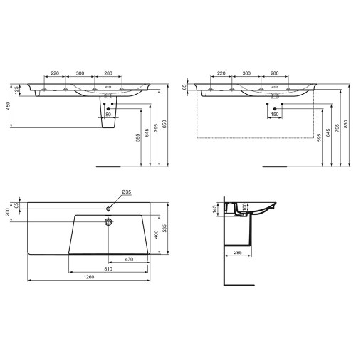 Immagine di Ideal Standard LA DOLCE VITA lavabo top asimmetrico L.126 cm, con foro della rubinetteria a destra, con troppopieno, colore bianco finitura lucido E263301
