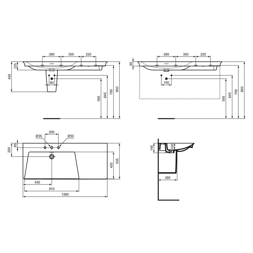 Immagine di Ideal Standard LA DOLCE VITA lavabo top asimmetrico L.126 cm, con 3 fori della rubinetteria a sinistra, con troppopieno, colore bianco finitura lucido E269601