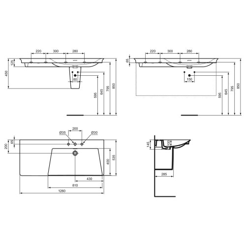Immagine di Ideal Standard LA DOLCE VITA lavabo top asimmetrico L.126 cm, con 3 fori della rubinetteria a destra, con troppopieno, colore bianco finitura lucido E269701