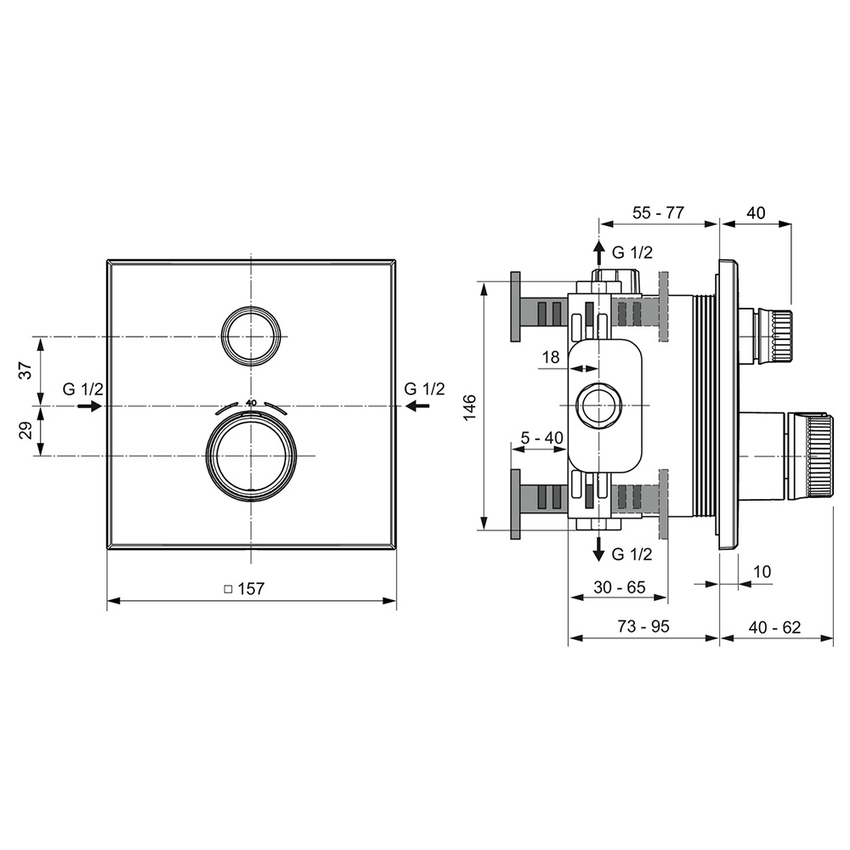 Immagine di Ideal Standard CERATHERM NAVIGO miscelatore termostatico quadrato, ad incasso, a 1 via, senza corpo incasso, finitura cromo A7301AA